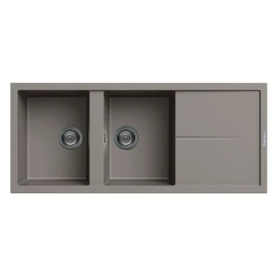 Évier De Cuisine Encastrable FOCUS Graniteck 2 Bacs + égouttoir -Grège Chez affariyet pas cher