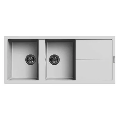 Évier De Cuisine Encastrable FOCUS Graniteck 2 Bacs + égouttoir -Blanc Chez affariyet pas cher