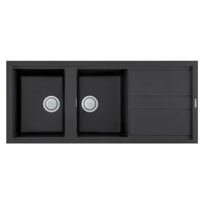 Évier De Cuisine Encastrable FOCUS Graniteck 2 Bacs + égouttoir 116cm -Noir chez affariyet pas cher