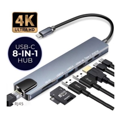Adaptateur 8en1 Type C USB C TO HD TV & SD TF & USB3.0 & USB C & PD & LAN
